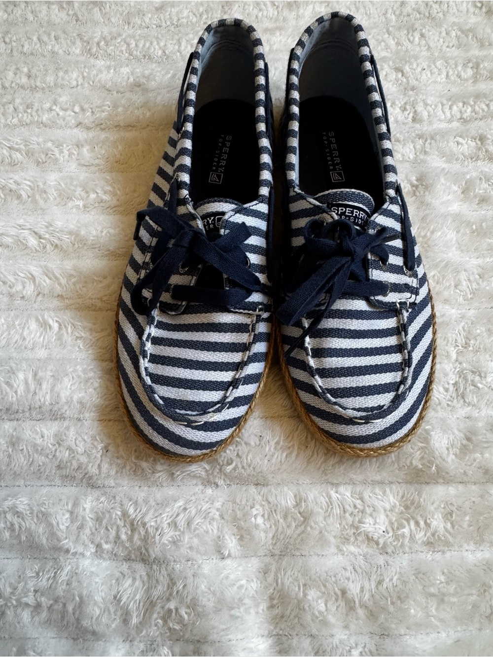 Sperry Navy and White Striped Canvas Boat Shoes Size 4.5